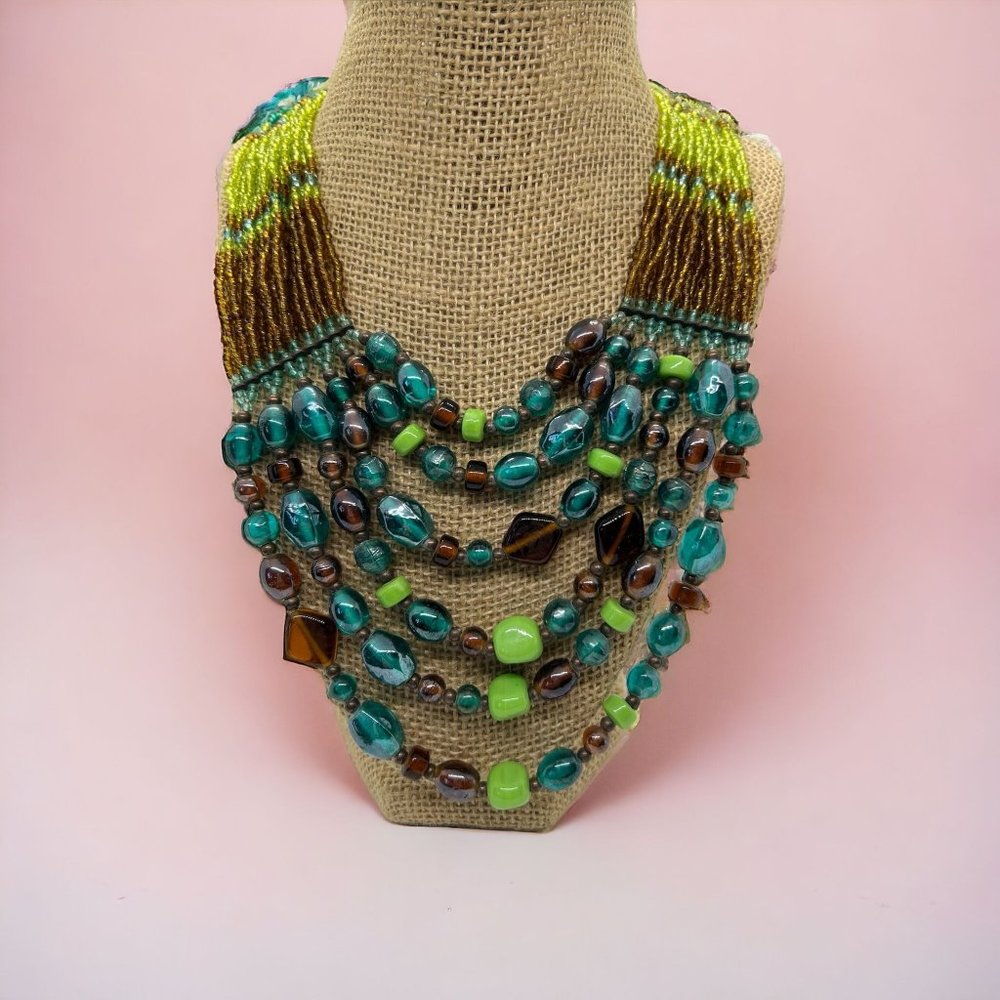 Multi Strand Seed Bead Necklace Glass Beads Green Blue Brown Copper Adj 24"